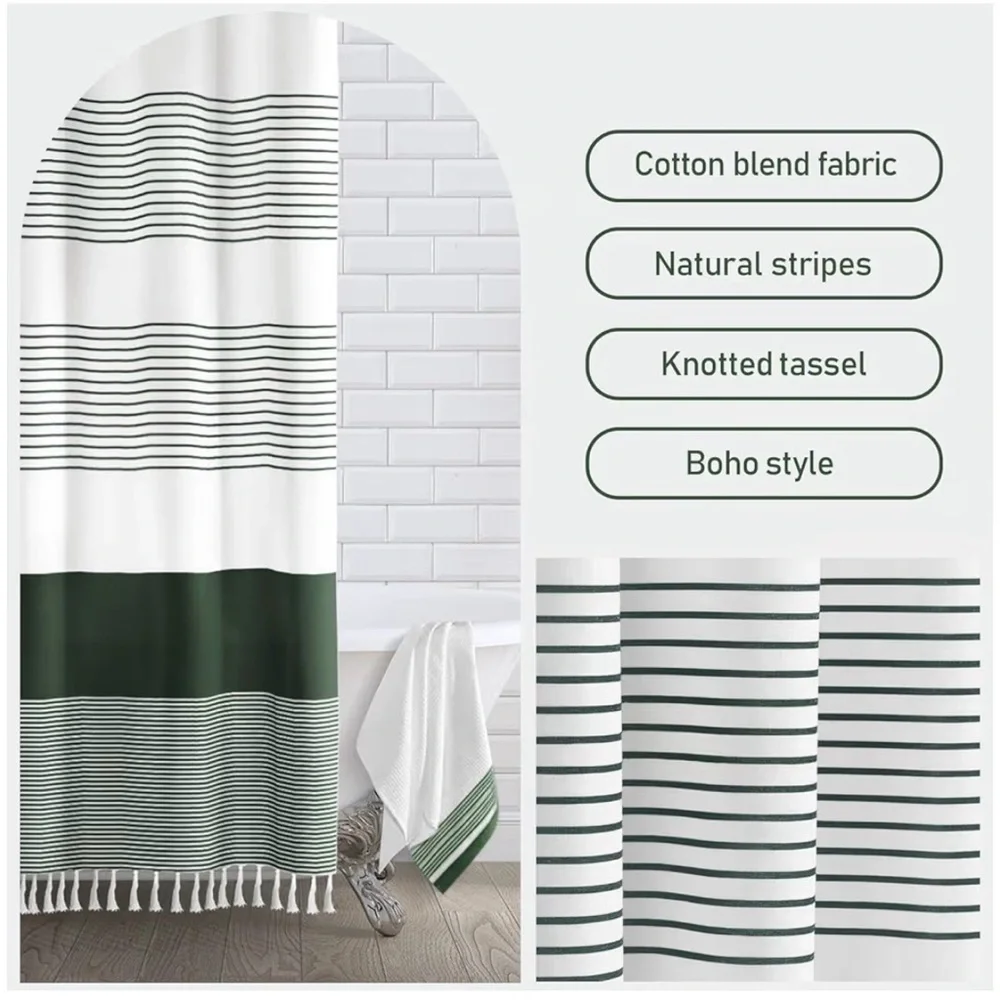 NWT awellife 72inx72in fabric shower curtain boho dark green stripe
